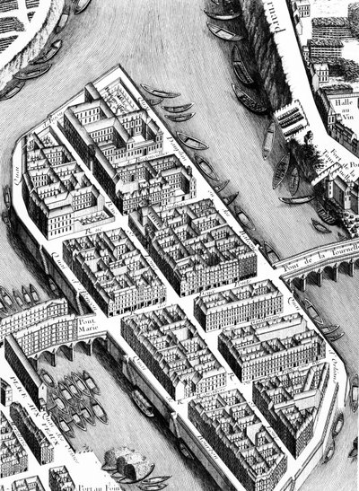 Het Ile St. Louis, detail van het Plan van Parijs, bekend als het Plan de Turgot, gegraveerd door Claude Lucas, 1734-39 gravure (detail) door Louis Bretez